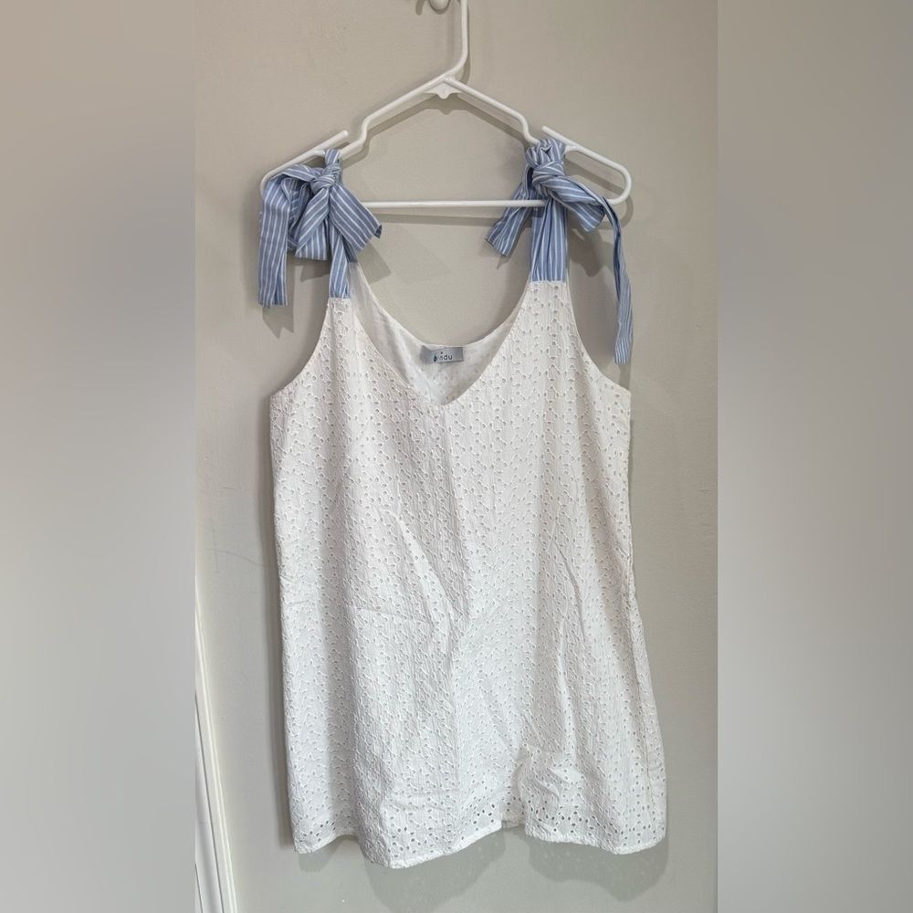 Elegant White Bindu Eyelet Dress with Blue Straps